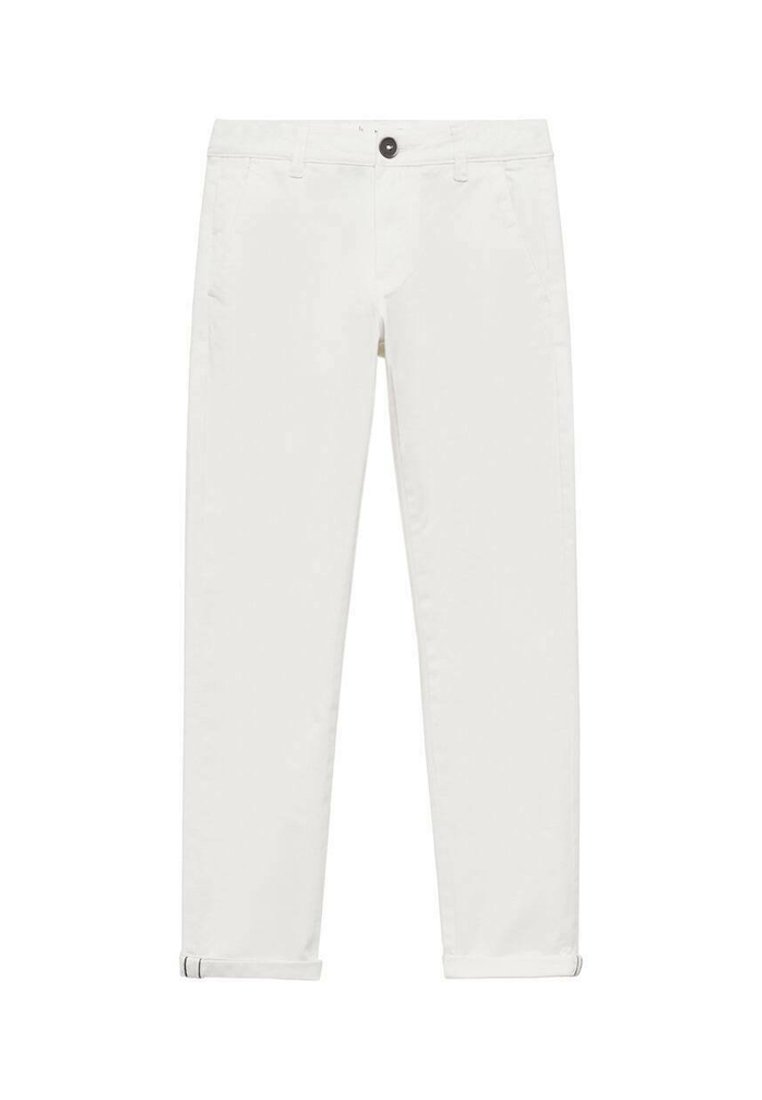 Pantaloni tapered bianchi in cotone con chiusura a bottone, due tasche frontali, orli arrotolati e texture liscia. Nessun motivo o grafica visibile.