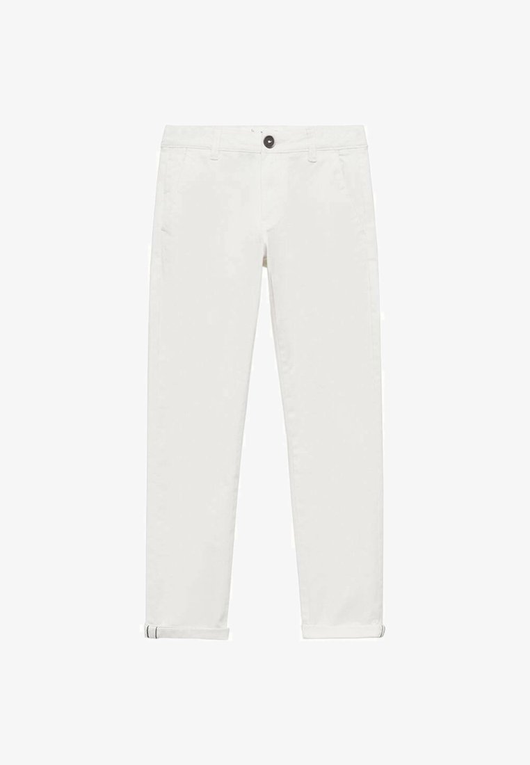 Pantaloni din bumbac alb, cu croială conică, închidere cu nasture, două buzunare frontale, manșete răsucite și textură netedă. Fără modele sau grafică vizibile.