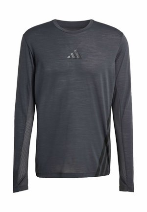 Langärmliges dunkelgraues Sportshirt mit Rundhalsausschnitt, Netz-Seitenteilen, dezenten Streifen an der unteren Seite und kleinem Logo auf der Brust.