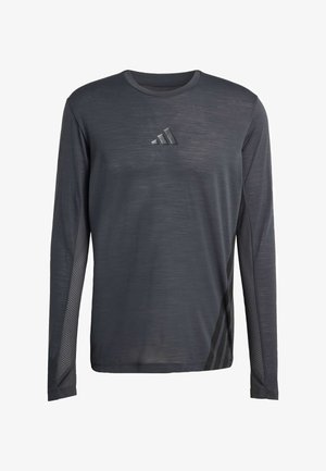Langärmliges dunkelgraues Sportshirt mit Rundhalsausschnitt, Netz-Seitenteilen, dezenten Streifen an der unteren Seite und kleinem Logo auf der Brust.