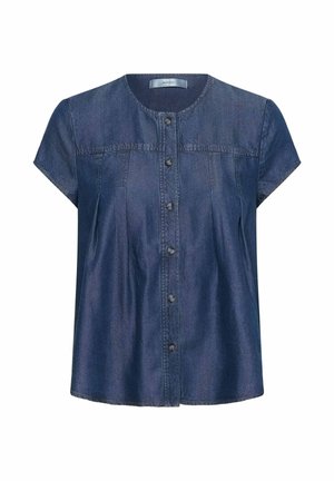 Kortærmet mørkeblå denimbluse med rund halsudskæring og knaplukning foran.