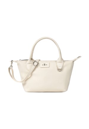 Sac à main en cuir couleur crème avec double poignée, bandoulière réglable, fermeture à glissière et un petit patch décoratif avec une étoile et un emblème "B".