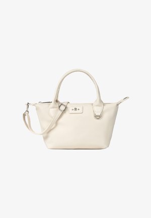 Sac à main en cuir couleur crème avec double poignée, bandoulière réglable, fermeture à glissière et un petit patch décoratif avec une étoile et un emblème "B".