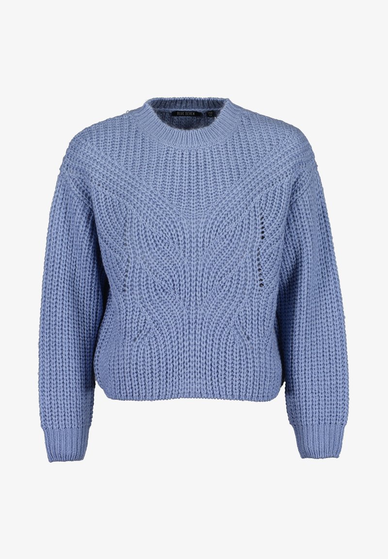 Pull tricoté bleu clair épais avec motifs torsadés, manches longues, poignets côtelés et col rond côtelé.