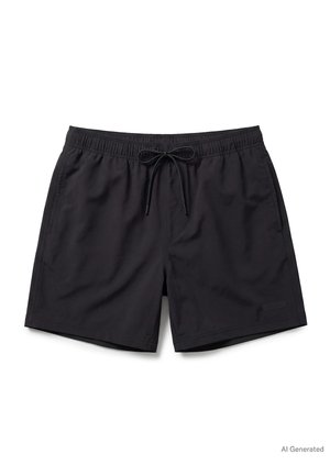 Czarne kąpielówki męskie z elastycznym pasem, regulowanym sznurkiem, kieszeniami po bokach i długością do połowy uda na białym tle.