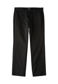 Black straight-leg pants made of a smooth fabric, featuring front pockets, a button closure, and belt loops. Minimalistic design with no patterns.