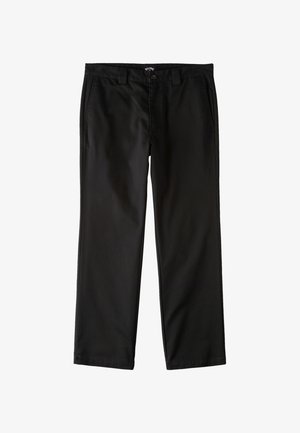 Pantaloni neri dritti realizzati in un tessuto liscio, con tasche frontali, chiusura a bottone e passanti per cintura. Design minimalista senza fantasie.