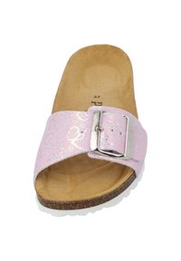 Roze slide sandaal met een patroon op de band en een zilveren gesp, voorzien van een kurken voetbed en een witte rubberen zool. Maat 37 is binnenin gemarkeerd.