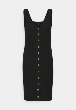 Robe noire sans manches, longueur genoux, avec un profond décolleté en V et une seule rangée de boutons couleur tan au centre devant.