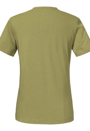 Olivgrünes T-Shirt mit kurzen Ärmeln und rundem Halsausschnitt, aus weichem Baumwollgemisch. Hat ein schlichtes Design und einen gestickten Saum.