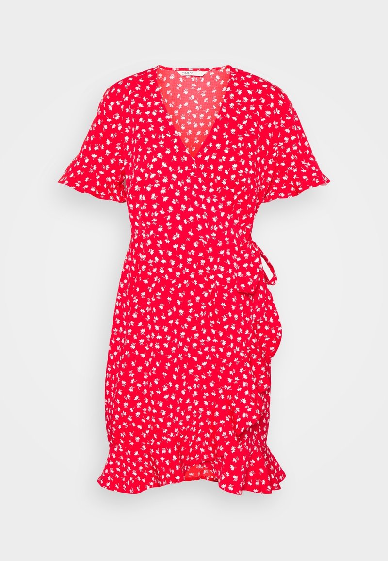 Robe portefeuille rouge avec manches courtes à volants, ornée d'un motif floral blanc. Elle se termine par une fermeture à nouer et un ourlet à volants.