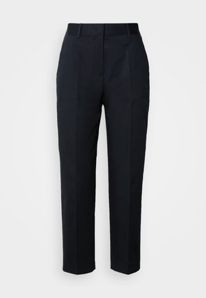 Navy tailored trousers with belt loops, front pleats, and a straight-leg fit, displayed on a white background.