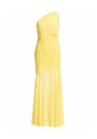 Robe de soirée jaune à une épaule avec corsage froncé, découpe latérale à la taille et jupe transparente et fluide.