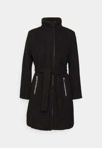 Cappotto nero in tessuto morbido, con colletto alto, zip frontale, vita con cintura e due tasche laterali con zip.