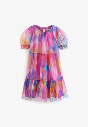 Robe superposée à manches courtes pour filles avec motif tie-dye arc-en-ciel, manches bouffantes transparentes et ourlet à volants.
