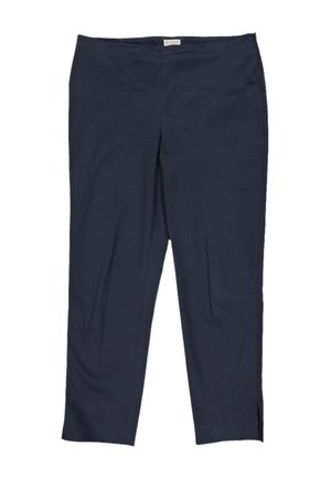 Pantalon bleu marine à jambes droites avec taille haute et petites fentes latérales à l'ourlet, posé à plat sur fond blanc.