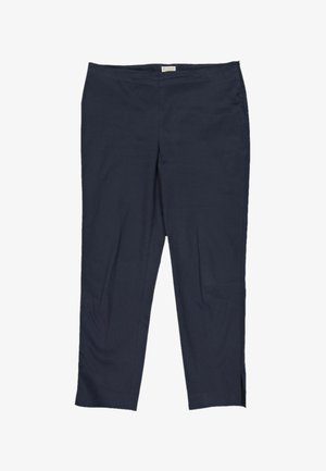 Pantalon bleu marine à jambes droites avec taille haute et petites fentes latérales à l'ourlet, posé à plat sur fond blanc.