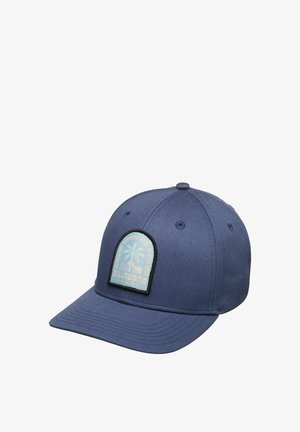 Casquette bleu marine en coton avec une calotte arrondie, une visière incurvée et un écusson représentant un palmier et le nom de la marque en bleu clair.