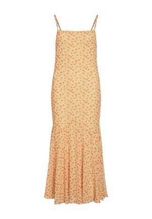 Gul kjole med en tettsittende liv og flagrende kant, med et blomstrete rosa prikkemønster, tynne justerbare stropper og en jevn tekstur.