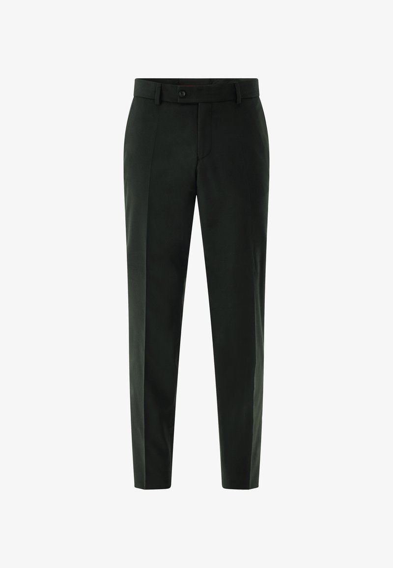 Dark green trousers made of smooth fabric, featuring a slim fit, subtle pleats, belt loops, and a button closure.