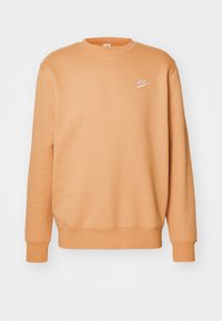 Ljusbrun crewneck sweatshirt med långa ärmar och liten vit Nike-logotyp på vänster bröst.