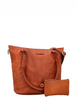 Brown leather tote bag with dual handles and matching small pouch, both featuring subtle embossed brand name.