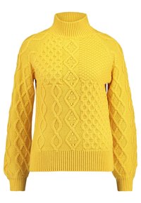 Pull jaune en maille avec un col montant, présentant différents motifs torsadés texturés ainsi que des poignets et un ourlet côtelés. Matière épaisse et douillette.