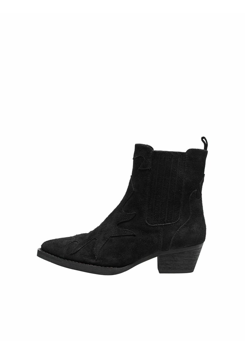 Bottines en suède noir avec un bout pointu, des coutures décoratives, des accents côtelés verticaux et un petit talon empilé.