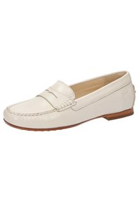 Witte leren loafers met een gestikt ontwerp, platte zool en minimalistische zijaccenten. Glad oppervlak met een klassieke, ronde neusvorm.