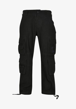 Czarne spodnie cargo wykonane z trwałego materiału, z wieloma bocznymi kieszeniami, luźnym krojem oraz regulowanymi paskami przy kostkach.
