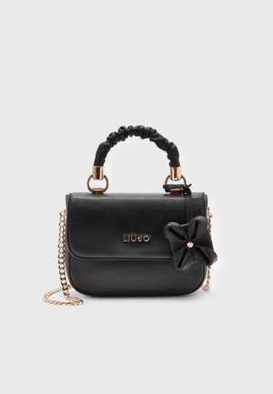 Black leather handbag with ruched top handle, gold chain strap, a flower-shaped leather charm, and gold "LIU·JO" logo on front.