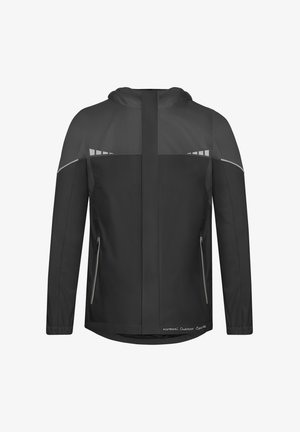 Schwarze wasserdichte Jacke mit Kapuze, ausgestattet mit reflektierenden Akzenten, seitlichen Reißverschlusstaschen und einem minimalistischen Rückendesign.