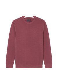 Maroon crewneck sweater in textured knit fabric, featuring long sleeves and a subtle logo on the chest. Ribbed neckline and cuffs.