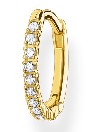 Goldener Creolen-Ohrring mit einer Reihe von acht runden weißen Diamanten entlang der Vorderkante, polierte Oberfläche, klappbarer Verschluss.