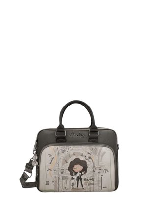 Borsa nera con donna in stile cartone animato che canta, circondata da note musicali e un gatto, evidenziata da una tracolla staccabile.