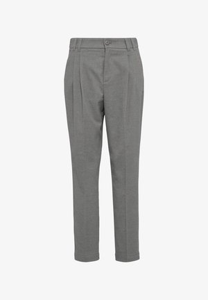 Szare, plisowane spodnie wykonane z teksturowanej tkaniny, z zapięciem na guzik i paskiem, zwężane w kostkach z czystym wykończeniem.