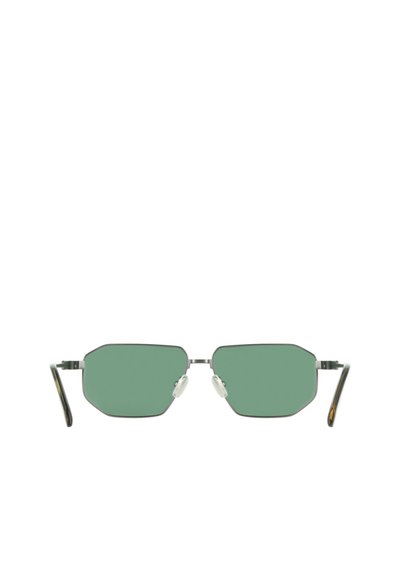 Lunettes de soleil rectangulaires à teinte verte avec une fine monture en métal argenté, des plaquettes de nez ajustables et des embouts de branches à motif écaille de tortue foncée.