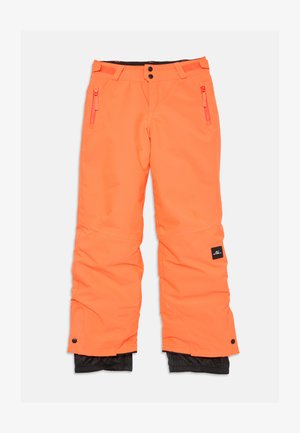 Bright orange ski pants with zippered pockets, black interior lining, and adjustable cuffs. Made from a weather-resistant material.