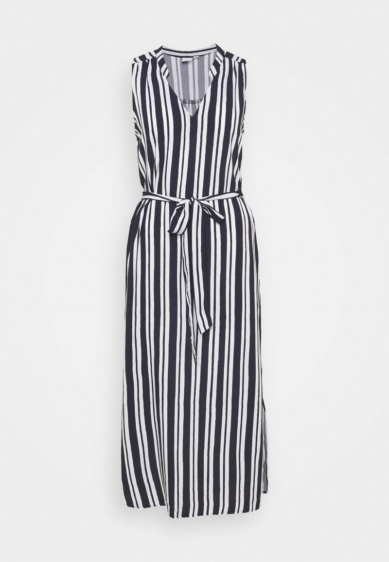 Robe sans manches à rayures bleu marine et blanches avec un décolleté en V, taille cintrée et ceinture à nouer. Comprend des fentes latérales pour plus de liberté de mouvement.