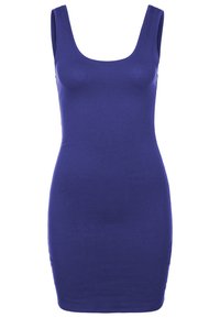 Fioletowa dopasowana sukienka z okrągłym dekoltem i bez rękawów, wykonana z gładkiego, elastycznego materiału, z sylwetką typu bodycon.