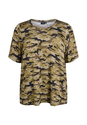 Short-sleeve camouflage t-shirt in earthy tones of green, beige, and black, featuring a round neckline and relaxed fit. Soft fabric texture.