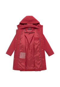 Crvena kišna kabanica s kapuljačom i otvorenim prednjim dijelom koji pokazuje glatku unutarnju podstavu, džep na prsima i oznaku marke unutar ovratnika.