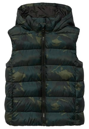 Gepolsterte dunkelgrüne Weste mit Tarnmuster, Reißverschluss und Kapuze. Glatte, glänzende Oberfläche und gesteppte Optik mit horizontalen Nähten.