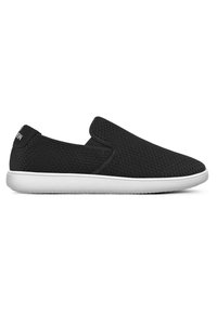 Schwarzer Slip-On-Schuh mit atmungsaktivem Mesh-Obermaterial und weißer Gummisohle, entwickelt für den Freizeitgebrauch und einfaches An- und Ausziehen.