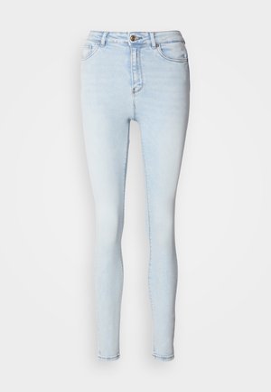 Ανοιχτό μπλε στενά τζιν από τζιν ύφασμα, με ψηλή μέση, σχέδιο πέντε τσέπες και κλείσιμο με κουμπί. Λείο ύφασμα και στενές ανοίγματα στα πόδια.