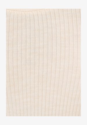Geribbelde, crème-kleurige stof met een zachte textuur en fijne lijnen die verticaal lopen. Geen zichtbare patronen of versieringen.