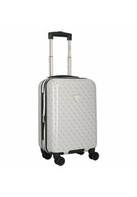 Hartschalenkoffer mit einem hellbeigen Muster, ausgestattet mit schwarzen Akzenten, einem teleskopierbaren Griff und vier schwarzen Rädern für eine einfache Mobilität.