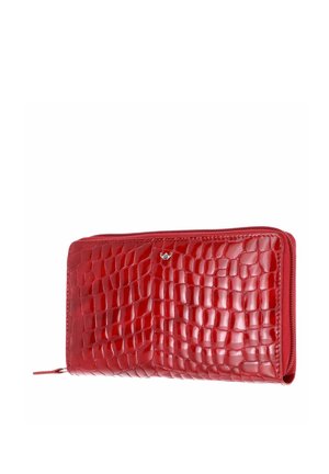 Red zip-around wallet with embossed crocodile texture and small silver logo on the front, shown on white background.