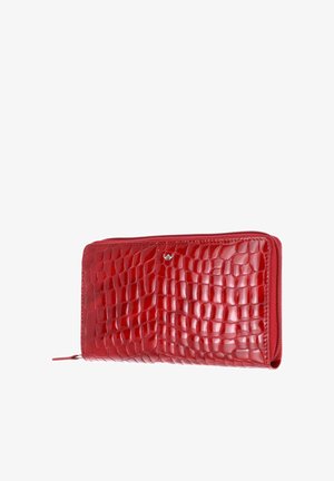 Red zip-around wallet with embossed crocodile texture and small silver logo on the front, shown on white background.