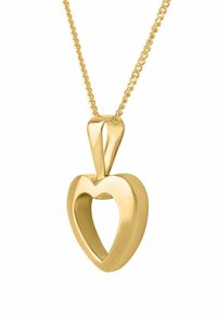 Auksinis širdies formos pakabukas su atviru centru, pritvirtintas prie plonos grandinėlės. Turi lygią, poliruotą paviršių ir apvalius kraštus.